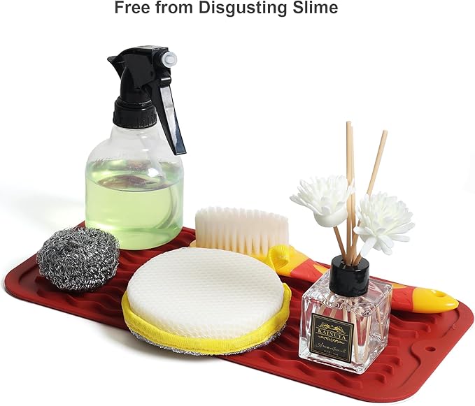 ZLR Silicone Sponge Holder & Sink Caddy Tray (6" x 12") - Narrow Dish Drying Mat for Kitchen Counter - Waterproof Soap Dispenser Organizer, Non-Slip Bathroom Vanity Tray (Lava Red)