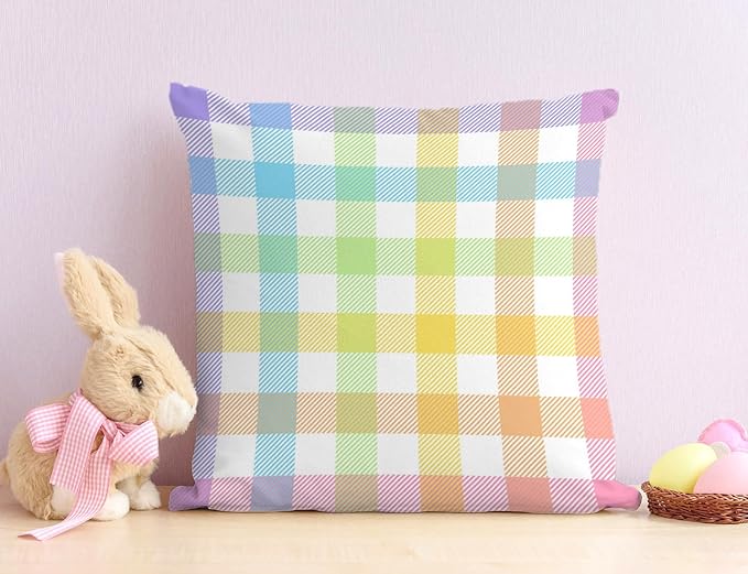 Pudodo Easter Buffalo Plaid Check Throw Pillow Covers 18x18 Set of 4 Spring Holiday Party Decoration for Home Bed Couch Sofa (18" x 18")