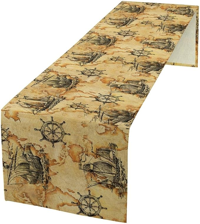 Nautical Table Runner Vintage Map Boat Art Printed Runner for Home Kitchen Dining Table Living Room Decor Fabric 1 Panel W13xL60in