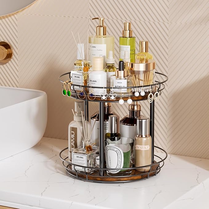 LAMU 12'' Lazy Susan Turntable Organizer, 2 Tier Round Rotating Spice Rack Organization for Kitchen Cabinet and Countertop, Wooden Lazy Susan for Table Top, Pantry, Bathroom, Vanity, Home Decor