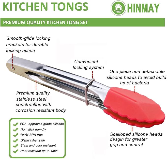 HINMAY Small Tongs with Silicone Tips 7-Inch Mini Serving Tongs, Set of 6 (Green Red Blue Purple Pink Orange)