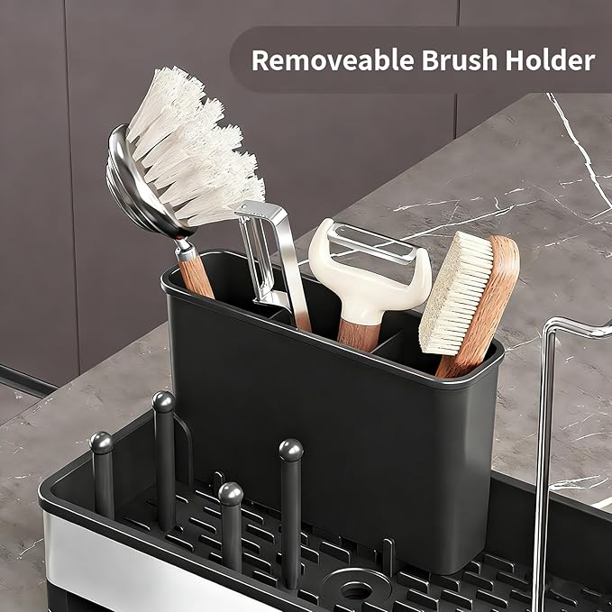 Sink Caddy, Stainless Steel Sink Caddy with Brush Holder, Kitchen Sink Caddy Dishcloth Rack and Holds Soap Dispenser, Sink Organizer Auto-Drain Rustproof Countertop Organizer (White)