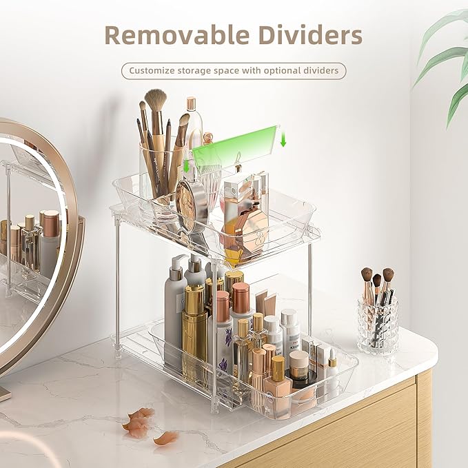 Sevenblue Under Sink Organizer, Bathroom Organizers and Storage, 2 Tier Multi-Use Pull Out Cabinet Organizer with Hang Hooks and Cups (transparent, 2 Pack)