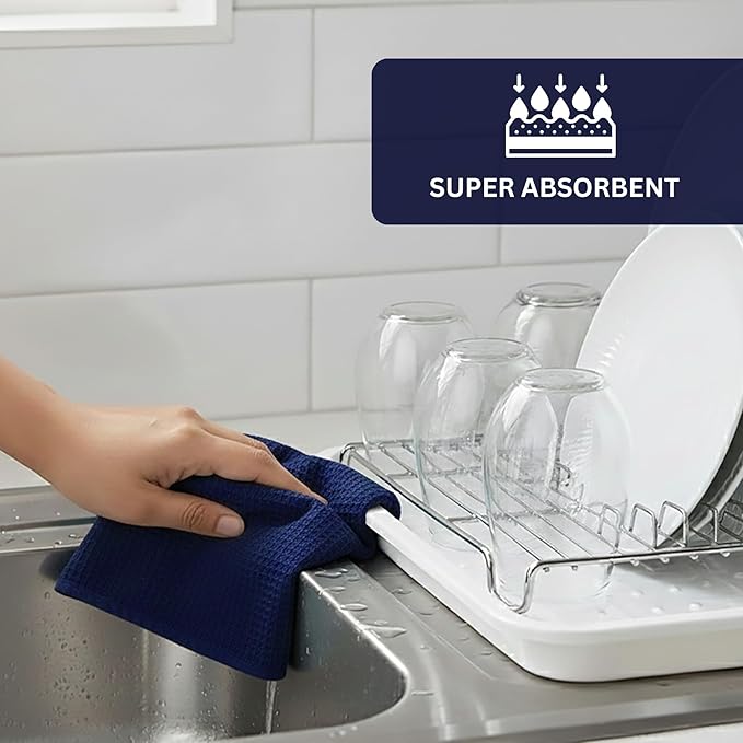 PurpleEssences Waffle Weave Kitchen Towel, 100% Cotton - 15x25 Inches with Hanging Loop, Ultra Soft Absorbent Quick Drying Dish Cloth, Tea and Hand Towels, 4 Pack - Spring Easter Summer - Navy Blue