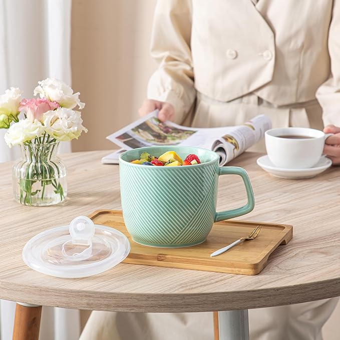 Ceramic Soup Bowl with Lid & Handle: 32 oz Microwave Safe Food Container for Ramen Noodles Cereal Leftovers - Extra Large Mugs for Breakfast Lunch Picnic Camping - Mint Green, Set of 1