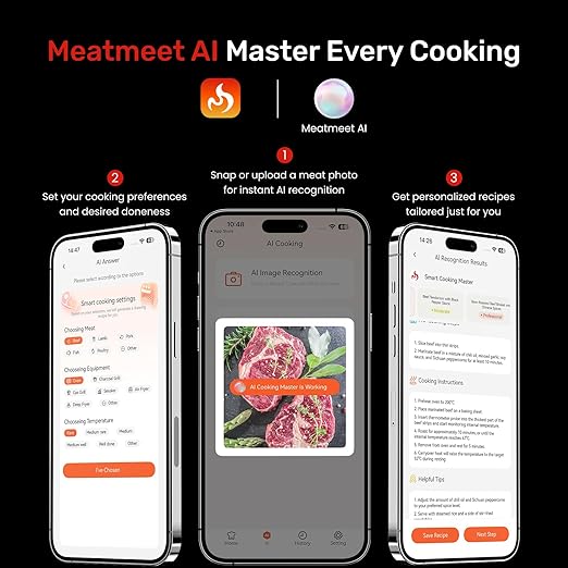 WiFi Wireless Meat Thermometer Digital, Bluetooth Meat Thermometer Wireless, Smart App Monitoring, IP67 Waterproof Meat Probe Thermometer for BBQ, Oven, Grill, Smoker (Pro)