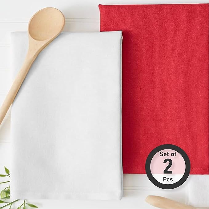TARAN LIVING Kitchen Towels Cotton Solid Dish Cloths Kitchen Hand Towel Reusuable Dish Towel for Cleaning Tea Towels Set with Hanging Loop - 18"x 28",Red & White, Pack of 2