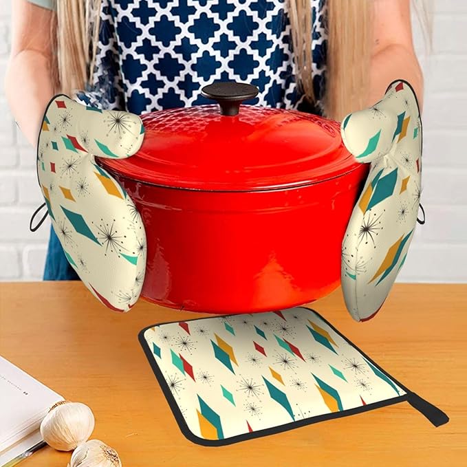 Mid Century Modern Oven Mitts and Pot Holders Set Heat Resistant Non Slip Set of 3 Retro Decor Kitchen Gloves Hot Pads for Cooking BBQ Baking Grilling
