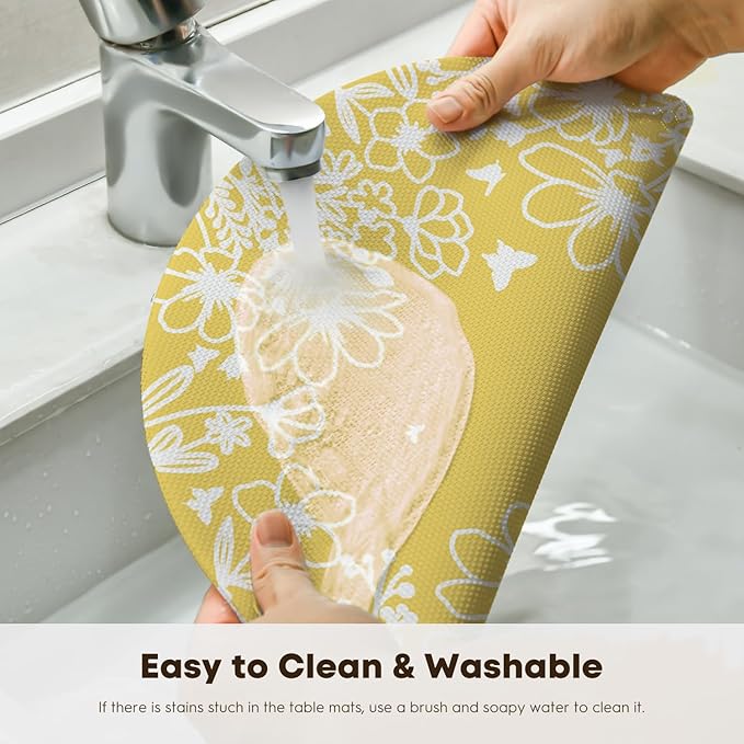 Artoid Mode Spring Leaves Yellow Vinyl Round Placemats Set of 4, 14 Inch Washable Non-Slip Woven Plastic Table Mats for Party Kitchen Dining Decor