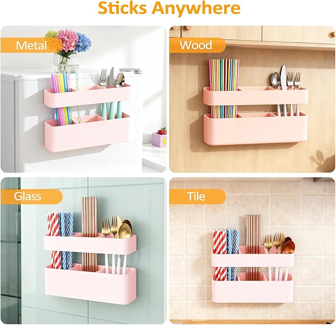 MoodLife 2-Pack Silicone Straw Holder for Cabinet Door,Reusable Adhesive Container for Kitchen Storage Solutions, Cupboard Organizer and Space Saving Hacks (Pink)