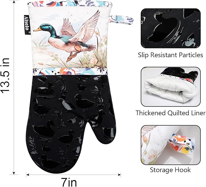 Alselo Oven Mitts, Heat Resistant with Soft Quilted Cotton Lining Set of 2, Fashion Duck Design with Silicone Printing Anti-Slip Kitchen Gloves for Safe Backing Cooking Barbecue (Darkgray, Duck)