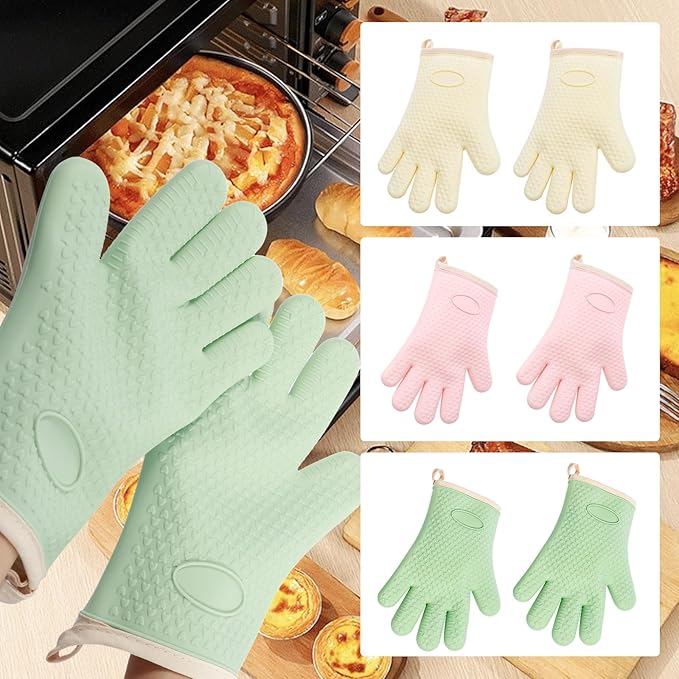 3 Pairs Silicone Oven Mitts Set, Heat Resistant Oven Glove with Soft Cotton Lining, Waterproof Non-Slip Kitchen Mittens for Men Women Grilling Cooking Baking