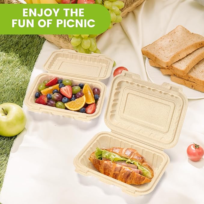 Clamshell Take Out Food Containers,50 Pack-16oz Disposable Meal Prep Containers Durable To Go Containers for Pasta Salad Snacks Taco Chinese Food Restaurants Made of Natural Rice Husk 7.3"X5.7"X2.2"