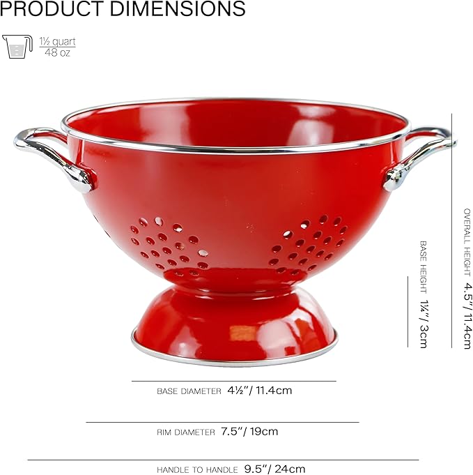 Reston Lloyd, 1.5 Quart Powder Coated Steel Kitchen Strainer Basket for draining Pasta, Vegetable and Fruit, Chrome Handles and Wide Stable Base, Red