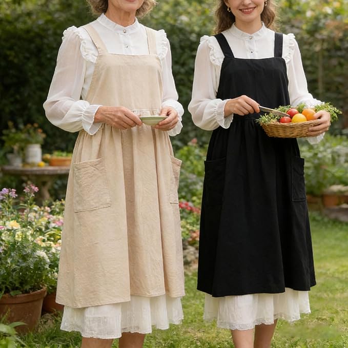 Uaussi Cotton Linen Apron Cross Back Work Apron for Women with Pockets Pinafore Dress X Cross Halter Apron for Chef Gardening