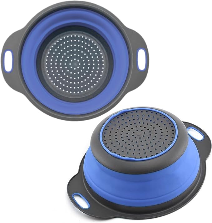 Blue Round Silicone Collapsible Colander – Silicone Round Kitchen Strainers with Plastic Handles Foldable Small Kitchen Strainer Perfect for Draining Pasta Vegetable and Fruit