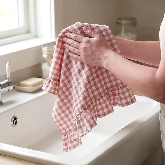 HunnmingRe Pink Kitchen Towels Set of 2, 100% Cotton Ruffled Gingham Dish Towels 18"x28" Absorbent Tea Cloths Classic Plaid Pattern for Farmhouse Charm, Drying Dishes, Entertaining Guests