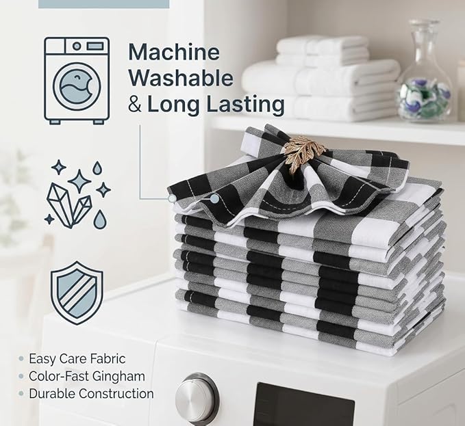 Gingham Check Cloth Dinner Napkin Set of 12 Black White 16x16 Inches, Premium Cotton Everyday Dinning Table Napkins Ideal for Wedding, Spring, Easter | Washable Checkered Soft Fabric for BBQ Events
