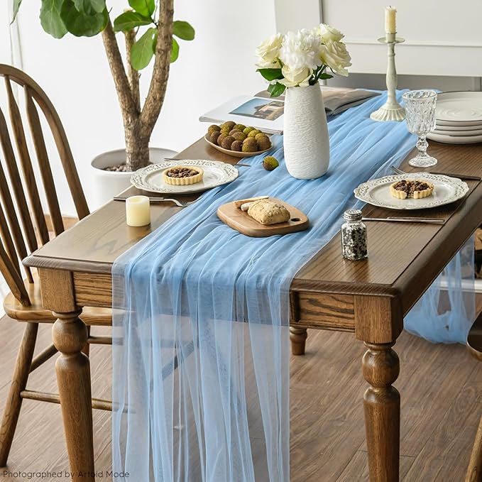Artoid Mode Dusty Blue Gauze Table Runner 120 Inch 10FT, Seasonal Sheer Kitchen Dining Holiday Wedding Birthday Baby Shower Table Decor for Home Party