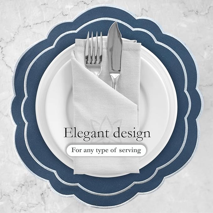 Round Placemats Set of 4, Cotton Linen- Double Layered, Luxury Scalloped Embroidered Cloth Table mats, 16 inch, Washable Fabric Dining Placemat (Blue)