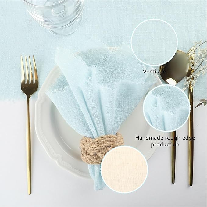 Cotton Blend Fringe Cloth Napkins - Crinkle Gauze Dinner Napkins, Reusable & Washable Table Napkins, 17" x 17" (43 x 43 cm), Multiple Colors, 12/24/48/100 Pack (12, Light Blue)