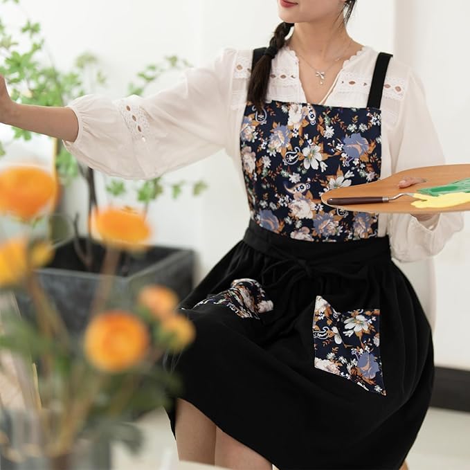 Pinknoke Vintage Pinafore Apron Dress for Women with Pockets Cute Floral Chef Aprons for Kitchen Cooking Baking Gardening