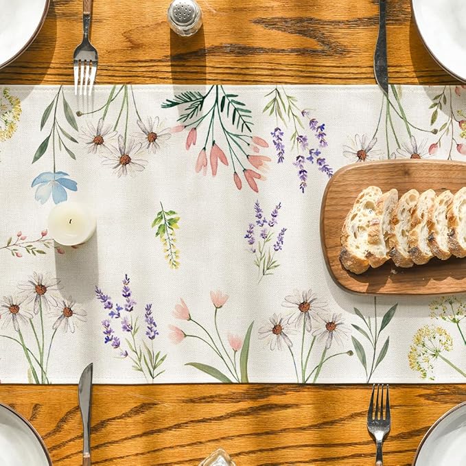 Artoid Mode Flowers Summer Table Runner, Seasonal Spring Fall Kitchen Dining Table Decoration for Home Party 13x48 Inch