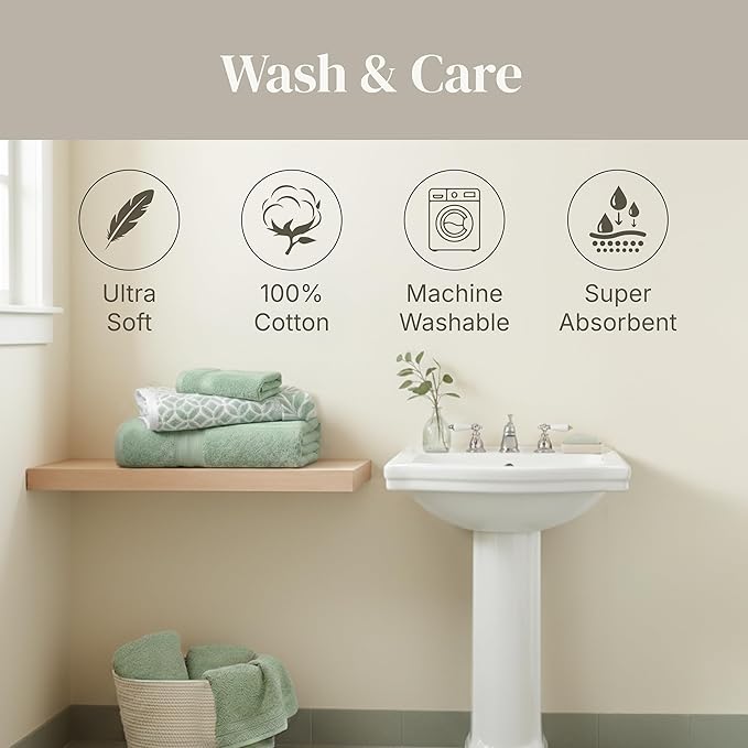 Modern Threads Botanical Vine 6-Piece 100% Cotton Towel Set – Reversible Yarn Dyed Jacquard – Includes 2 Bath Towels, 2 Hand Towels, 2 Washcloths – Absorbent, Quick Dry, Soft & Durable – Sage Green