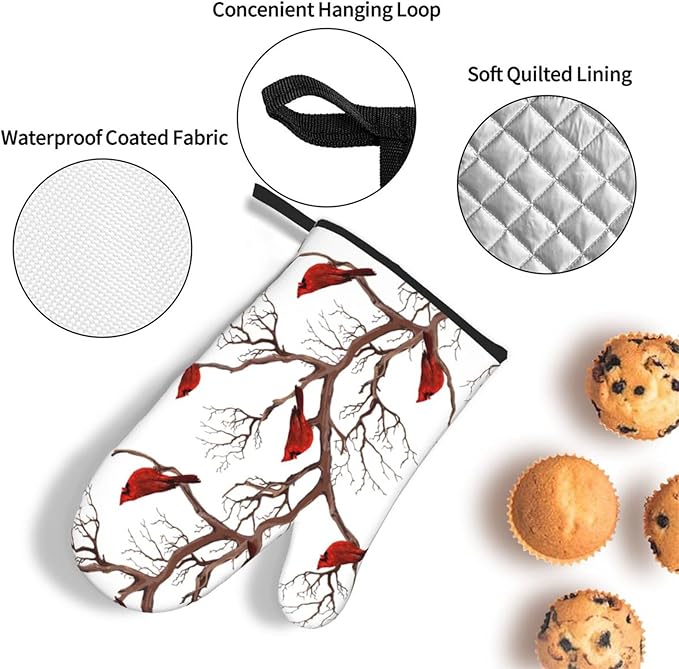 Winter Cardinal Birds Oven Mitts and Pot Holders Sets of 3 Kitchen Hot Pads Oven Gloves Heat Resistant Washable for Cooking Grilling Baking Christmas Holiday Kitchen Decor Cardinal Gifts for Women