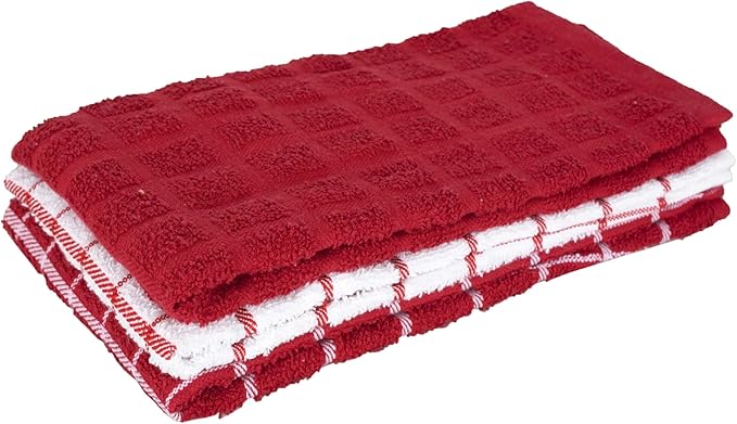 Ritz Premium 100% Cotton Terry Check Kitchen Dish Towels - Highly Absorbent, Super Soft, Long-Lasting, 25"x15", 3-Pack, Paprika Red
