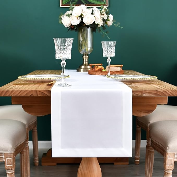 NEWISHER Farmhouse Rustic Table Runner Solid White Rectangular Table Runners Faux Linen Table Runner for Everyday Use Kitchen Dining Party Table 13x60 Inch