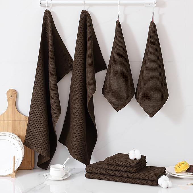 Homaxy 100% Cotton Kitchen Towels and Dishcloths Set, 12 x 12 Inches and 13 x 28 Inches, Set of 8 Bulk Kitchen Towels Set, Ultra Soft Absorbent Dish Cloths for Washing Dishes, Dark Brown
