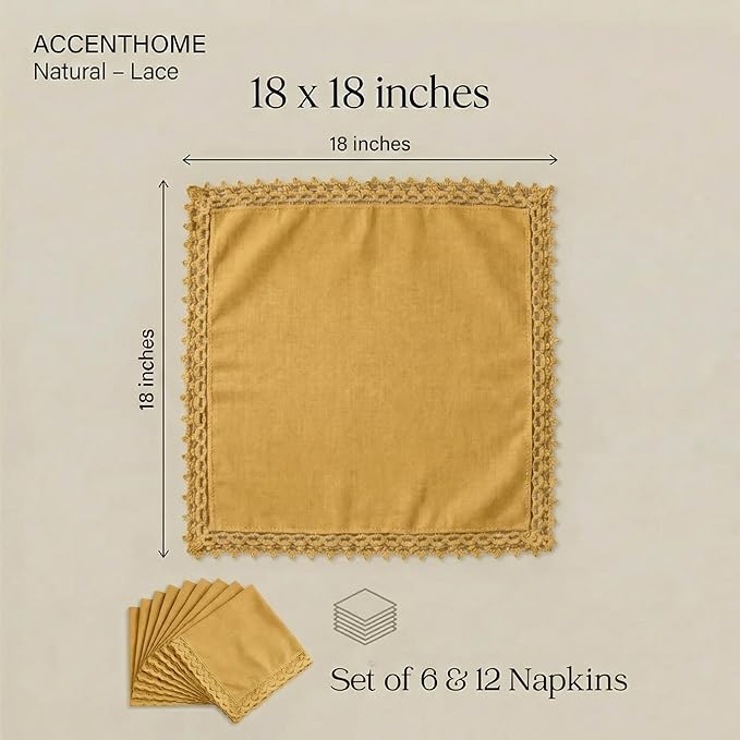 ACCENTHOME Mustard Cloth Napkins Set of 12 18x18 inch Cotton Dinner Napkins - Washable Soft Premium Hotel Quality Reusable Napkins Perfect Table Napkins for Family Dinners, Weddings & Everyday Use