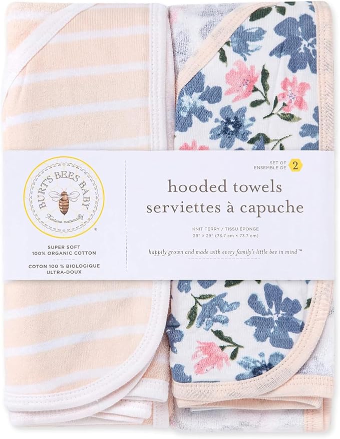 Burts Bees Baby Infant Hooded Towels Botanical Gardens Organic Cotton, Unisex Bath Essentials and Newborn Necessities, Soft Nursery Towel with Hood Set, 2-Pack Size 29 x 29 Inch