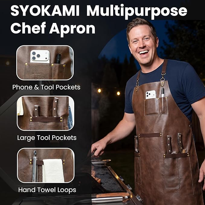 SYOKAMI Leather Chef Cooking Apron for Men, Cross Back Apron for All-Day Comfort, Waterproof Apron with Multiple Pockets, Great for Kitchen, Garden, BBQ, Butcher Work or Crafts, Ideal Gift