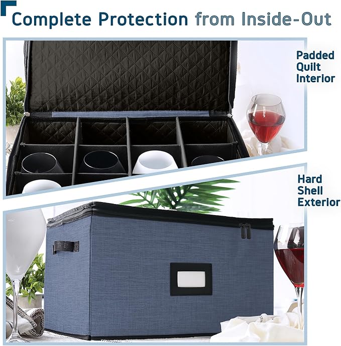 Wine Glass Storage Box with Dividers, 2 Pack Stackable Stemware Storage Cases, Service of 24 Glassware Storage Containers, Quilted China Storage Containers for Moving and Seasonal Storage, Blue