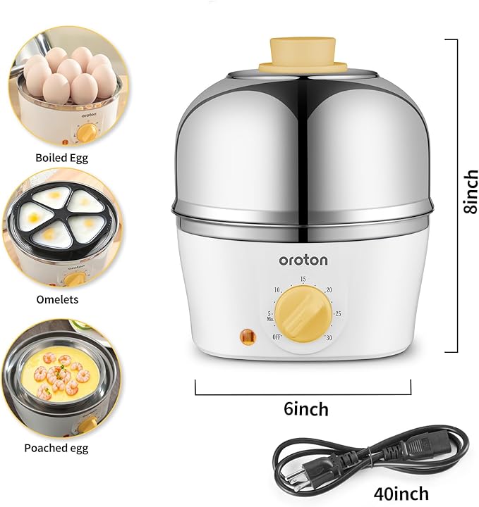 Oroton 9-Egg 304 Stainless Steel Egg Cooker – Steam & Boil Eggs with Timer, Automatic Shut-Off & 3 Cooking Modes (Hard/Medium/Soft)