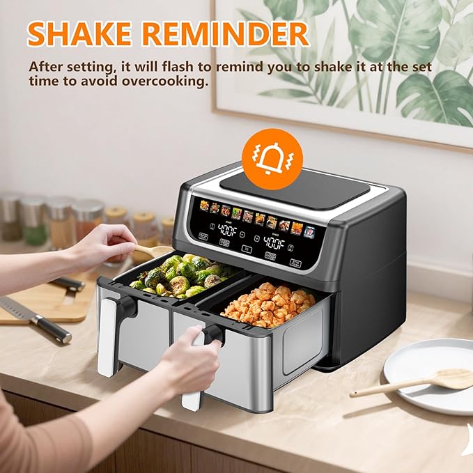 OLIXIS Dual Basket Air Fryer, 9.5 Quart Large Air Fryer with Double Basket, Independent TEMP Control, Sync Setting, Shake Reminder, 10 Presets for Bake, Broil, Defrost, Dehydrate, Black