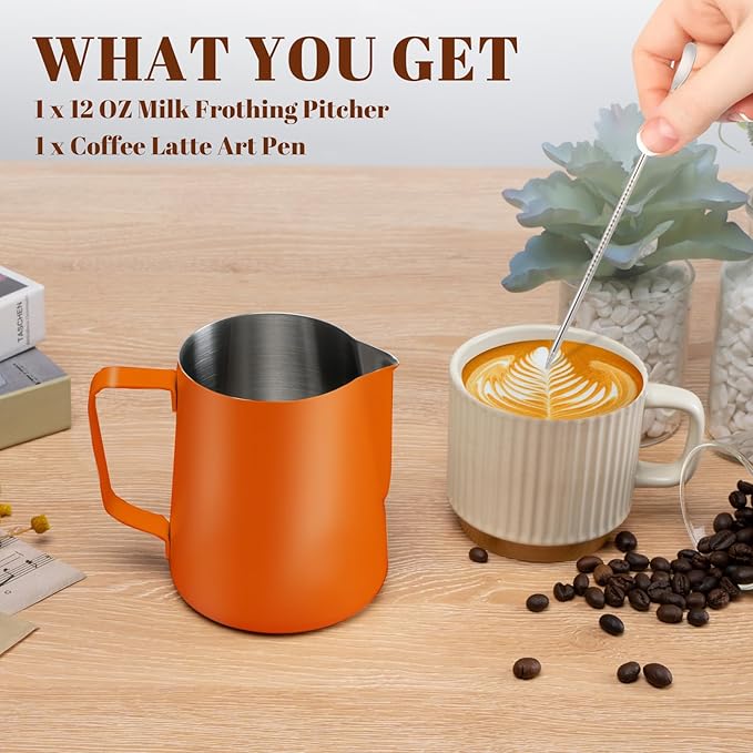 Amrules Milk Frothing Pitcher, 12 oz Milk Frother Cup with Clear Scale, 304 Stainless Steel Cappuccino Espresso Machine Accessories for Barista Coffee Bar with Latte Art Pen, Orange