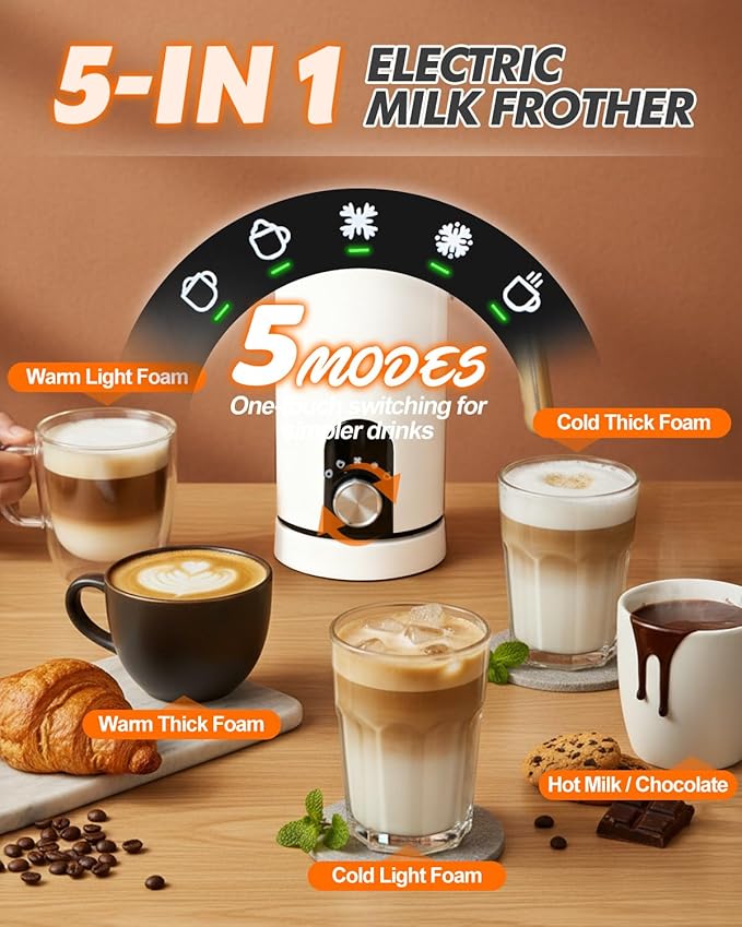 5-in-1 Electric Milk Frother and Steamer, Automatic Milk Foamer Hot Chocolate Maker with Wood Grain Handle, 11.8oz Milk Warmer and Heater for Latte, Cappuccino, Hot Cocoa Maker, Frother for Coffee