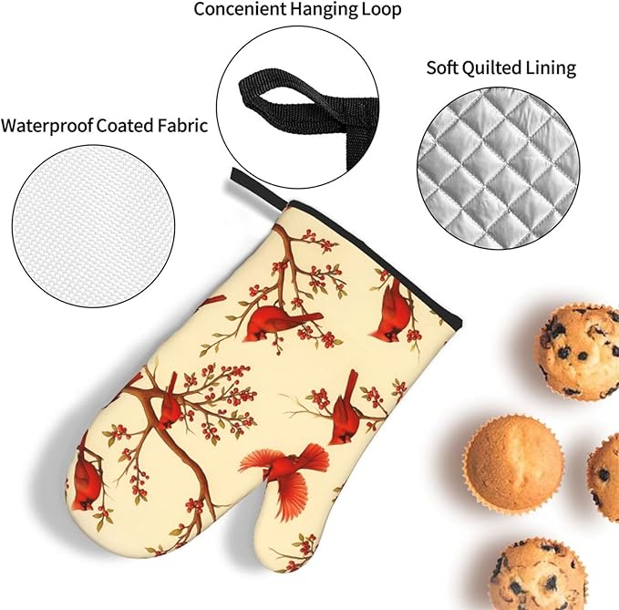 Red Cardinal Oven Mitts and Pot Holders Sets of 3, Non-Slip Christmas Heat Resistant Kitchen Gloves Hot Pad, Cardinal Gifts for Women, Rustic Christmas Kitchen Decor, Baking Cooking Grilling Gifts