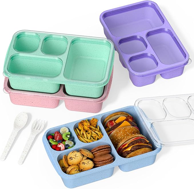 Bento Box 4-Pack 5-Compartment Meal Prep Containers, BPA-Free Plastic, Stackable Food Storage Lunch Boxes for Adults and Kids, School Work Travel (4 Colors)