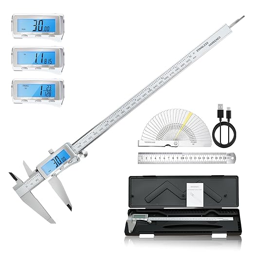 Digital Caliper, Rechargeable Calipers 12 inch with Backlight LCD Screen, All Metal Caliper Measuring Tool with MM/in/F Conversion, Auto Off Micrometer for Jeweler/Woodworking/DIY/Household