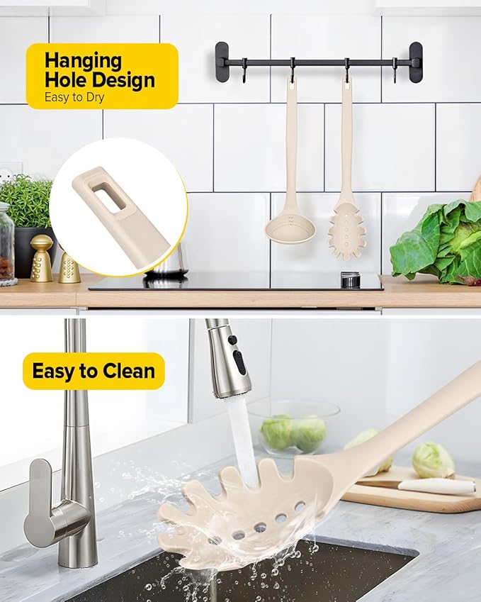 Silicone Pasta Fork and Soup Ladle Set, Heat Resistant Non Stick Kitchen Utensils with Back Hooks, Suitable for Cooking, Stirring, Serving Spaghetti, Soup, Sauce(KHAKI)