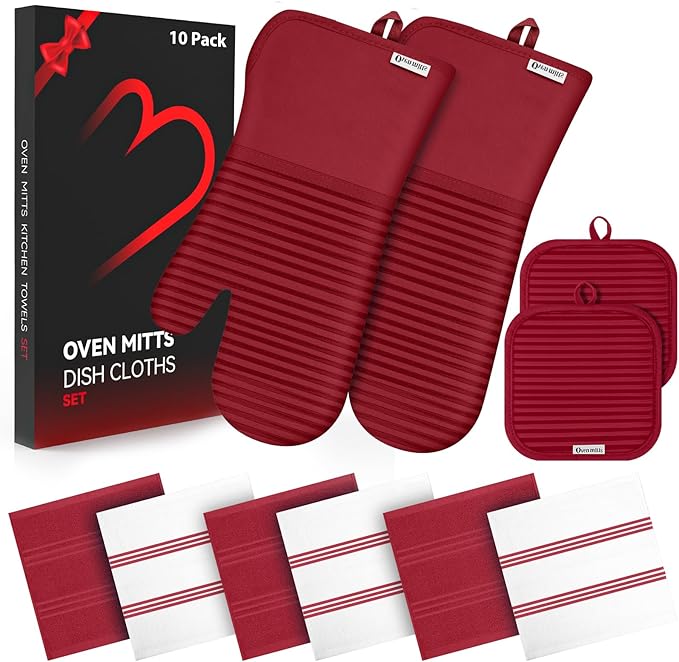 Oven Mitts and Pot Holder Sets with Silicone Grip, 500°F Heat Resistant-6 Pack Dishcloth/Dish Towels for Kitchen 100% Cotton-Value Kitchen Essentials for Cooking, Baking, Grilling-Red
