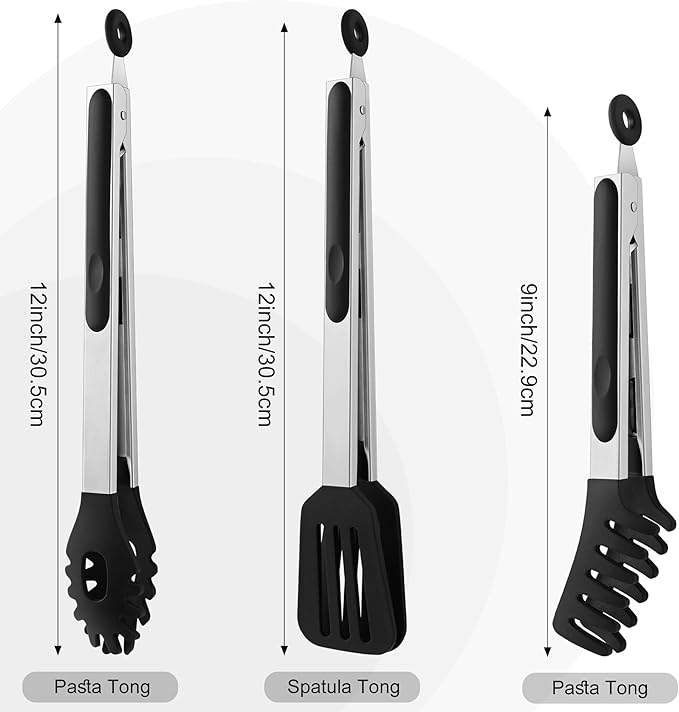 3 PCS Kitchen Tongs with Silicone Tips, 9 & 12-Inch Heat Resistant Silicone Tongs for Cooking Stainless Steel Spaghetti Tong Pasta Tong for Serving Food, Spaghetti, Pasta, BBQ, Salad (3 PCS)