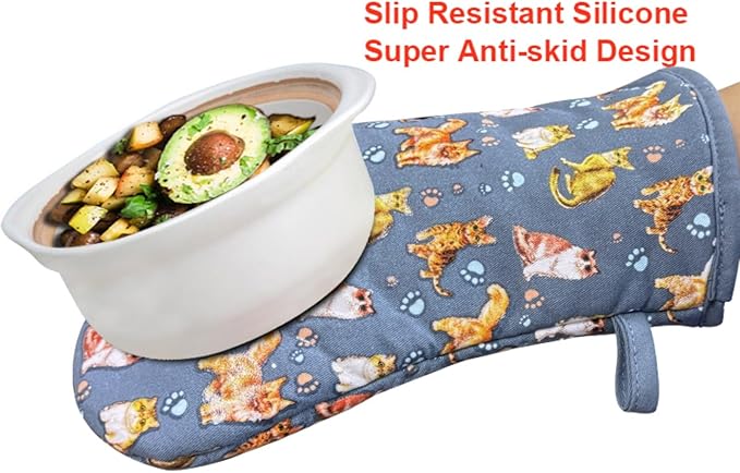 Oven Mitts Gloves 1 Pair Heat Resistant 480 ℉ Non Slip Clear Silicone Printed Cat Comfortable Cotton Lining Kitchen Men Cooking Barbecue Machine Washable (Cat, Grey Mitts)