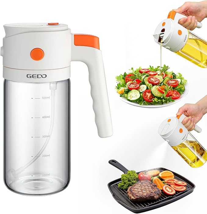 GEDO 2-in-1 Oil Sprayer & Dispenser, Borosilicate Glass Oil Bottle with Auto Open/Close Lid, One-Press Refill & Ergonomic Handle, Mist & Pour for Cooking, Salad, Air Fryer, BBQ