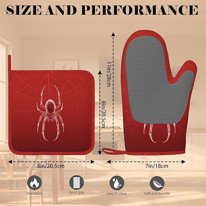 Halloween Spider Web Oven Mitts and Pot Holders Sets Silicone Heat Resistant Kitchen Oven Gloves Pot Holder for Cooking Baking Grilling BBQ