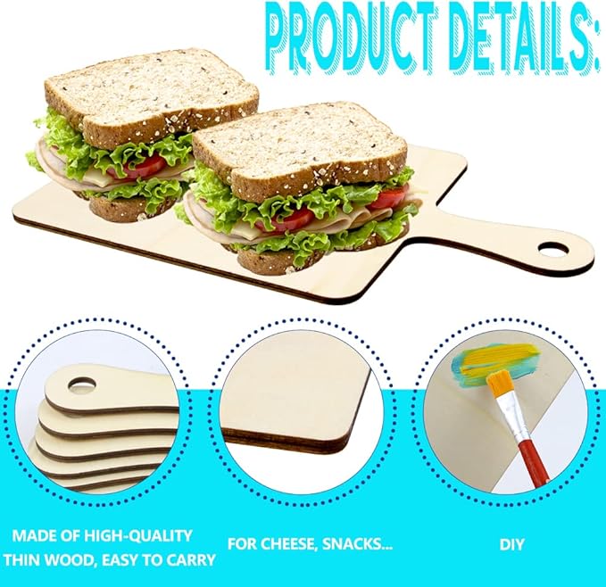 Vmiapxo 16 Pack Unfinished Wood Cutting Board Craft with Handle, Wooden Paddle Cheese Bread Board Set Chopping Board Serving Tray for Craft DIY Christmas Home Kitchen Cooking Decor (9.4" x 5.5")